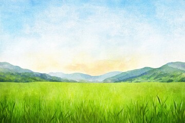 Sunrise Over Lush Green Field in Watercolor Style