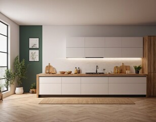 Modern Kitchen interior with empty blank wall for mockup template display. 3D Rendering