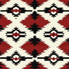 Intricate woven textile showcasing traditional geometric patterns in rich red, black, and cream colors. Generative AI