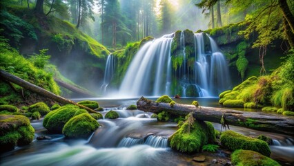 Obraz premium Serene Waterfall Cascading Through Lush Mossy Forest, Sunlight Filtering Through Canopy