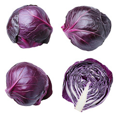 Fresh and Nutritious Red Cabbage Isolated on White Background, Ideal for Cooking and Healthy Eating Recipes, Detailed Views of Whole and Sliced Cabbage.