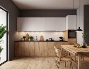 Modern Kitchen interior with empty blank wall for mockup template display. 3D Rendering