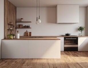 Fototapeta premium Modern Kitchen interior with empty blank wall for mockup template display. 3D Rendering