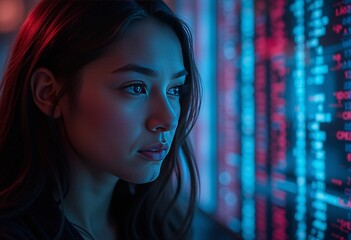 A woman with a futuristic digital interface in a high-tech environment showcasing cutting edge technology and innovation.