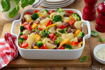 baked  pasta with sausages and vegetables