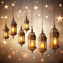 Obraz premium A row of beautifully lit traditional Ramadan lamps,