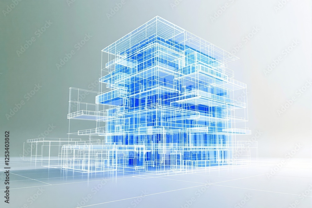 Aufkleber digital wireframe of a modern building on a gradient background.