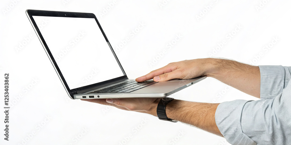 Poster a pair of hands securely holds a laptop with a blank screen, showcasing a modern and uncluttered wor
