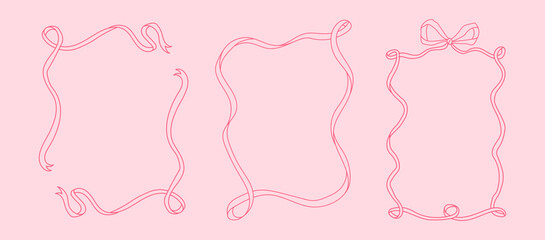 Frames of coquette pretty charming pink bows and hearts. Hand drawn trendy ribbons border. Vintage bowknots frame for greeting cards, wedding, invitations, social media © kokoshka