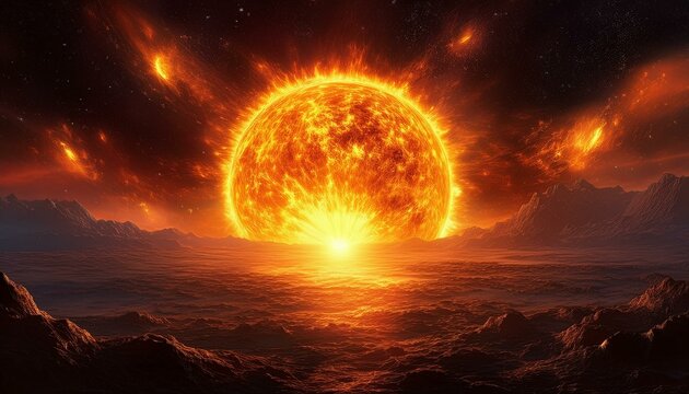 sun landscapes concept, the sun surface, fire with dark night universe in background with stars