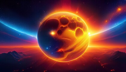 Obraz premium sun landscapes concept, the sun surface, fire with dark night universe in background with stars