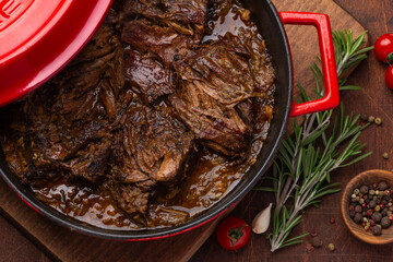 braised beef, slow cooked meat stew