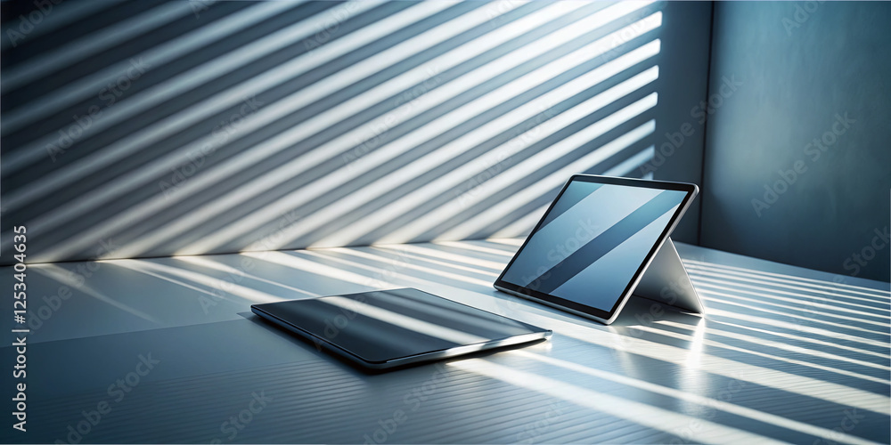 Poster soft sunlight streams through slatted blinds, creating striped patterns on a minimalist workspace fe