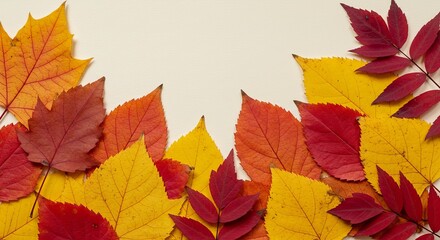 Fototapeta premium Fall Leaves Arrangement with Red and Yellow Colors on Beige Background