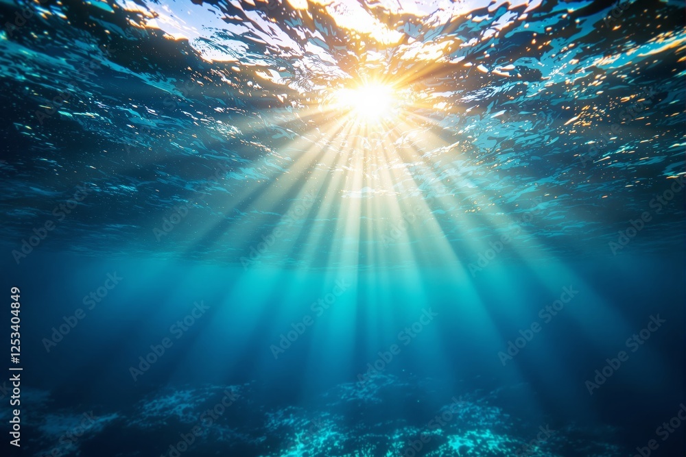 Poster sunlight streaming through ocean water with rays of light underwater.