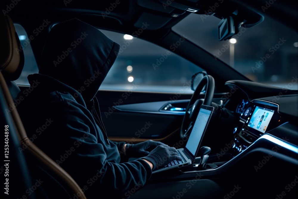 Poster hacker in a hoodie using a laptop inside a modern car at night.