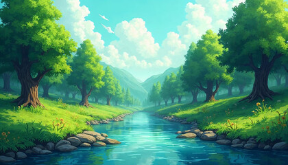 A serene spring pond reflects the blossoming landscape