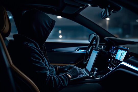 Hacker in a hoodie using a laptop inside a modern car at night.