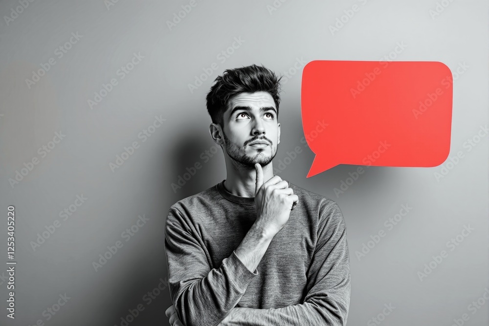 Poster thoughtful man with red speech bubble on gray background.