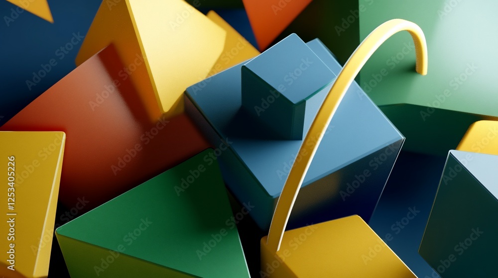 Poster colorful 3d geometric shapes abstract background rendering with soft shadows and vibrant colors