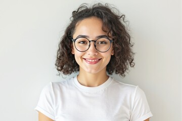 Obraz premium Smiling woman with curly hair and glasses on light neutral background.