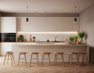 Modern Kitchen interior with empty blank wall for mockup template display. 3D Rendering