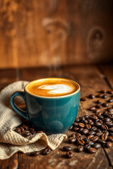 Warm cup of coffee with latte art surrounded by coffee beans on a rustic wooden table