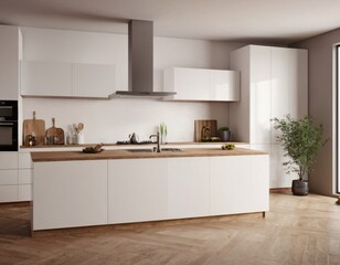 Modern Kitchen interior with empty blank wall for mockup template display. 3D Rendering