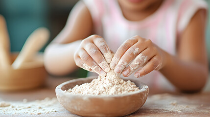 Focused view of flour-covered hands kneading in a bowl, suitable for culinary workshops, baking promotions, and hands-on learning visuals. Selective focus