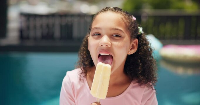Eating, ice cream or face of girl by pool for summer, holiday or travel in hotel for outdoor tourism. Relax, lick, portrait of child with vanilla sucker, popsicle or frozen snack on weekend vacation