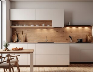 Modern Kitchen interior with empty blank wall for mockup template display. 3D Rendering