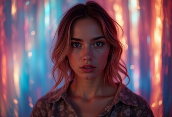 Woman with long hair and hand on her chin under colorful string lights in a dreamy ambiance