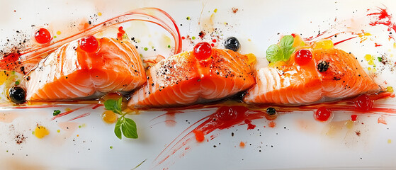 Artistic salmon dish with bright garnishes, a masterpiece on a fine china plate