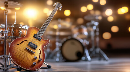 Naklejka premium guitar leaning against drum set in vibrant music studio, illuminated by soft bokeh lights, creating lively and inspiring atmosphere for musicians