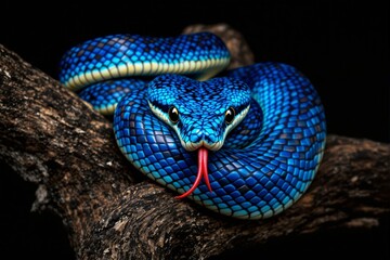 Obraz premium Close-up of a vibrant blue snake coiled on a tree branch.