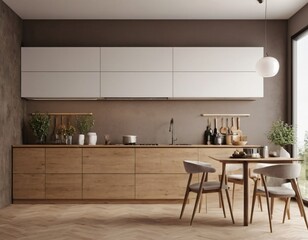 Modern Kitchen interior with empty blank wall for mockup template display. 3D Rendering