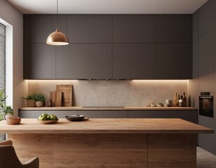 Modern Kitchen interior with empty blank wall for mockup template display. 3D Rendering