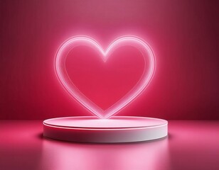 Empty light podium with glow neon on abstract background with heart shaped and copy space. Modern platform for product placement or montage, promotion, mock up. Wedding and Valentine's day concept.