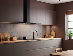 Modern Kitchen interior with empty blank wall for mockup template display. 3D Rendering