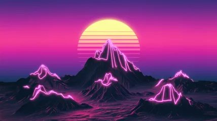 Fotobehang Synthwave mountain landscape with neon sunset © Ibrahim
