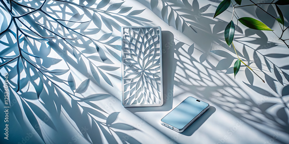 Poster bright sunlight filters through leaves, creating patterns of intricate shadows on a smooth surface. 