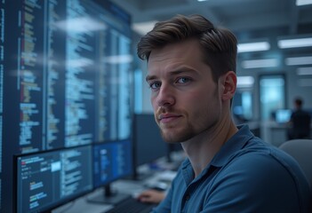 Fototapeta premium Focused mature man with glasses working on a computer in a high-tech office environment