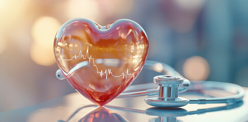 heart shaped glass object with heartbeat line and stethoscope, symbolizing health and wellness. warm colors evoke sense of care and compassion