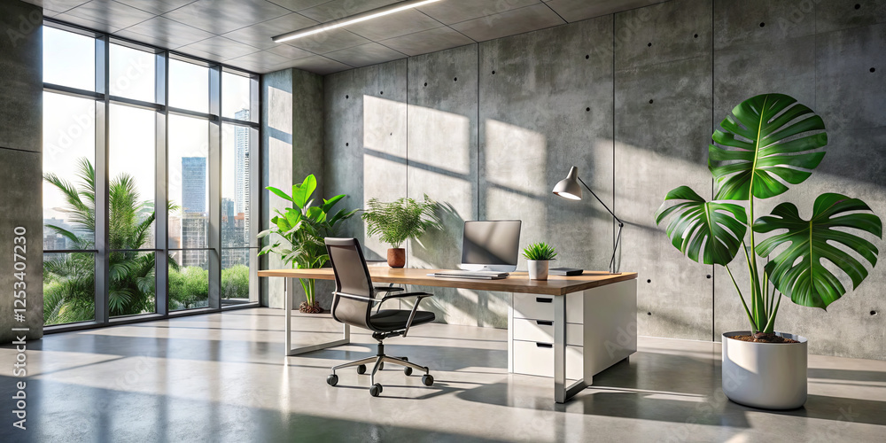Poster bright workspace designed with large windows allowing natural light, greenery adding freshness, and 
