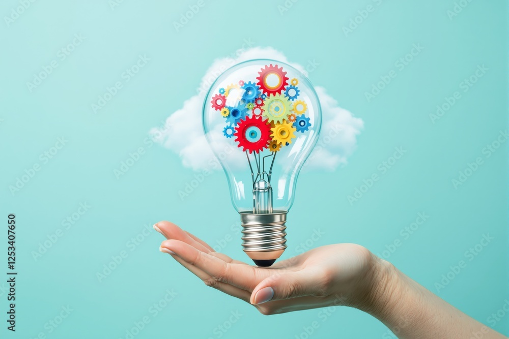 Poster creative light bulb with colorful gears in hand against a soft blue background.