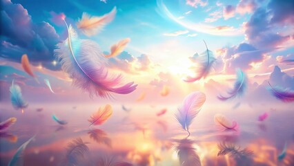 Obraz premium Pastel Feathers Drifting on a Serene Sunset Sky with Gentle Reflections on Calm Waters