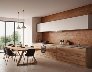 Modern Kitchen interior with empty blank wall for mockup template display. 3D Rendering