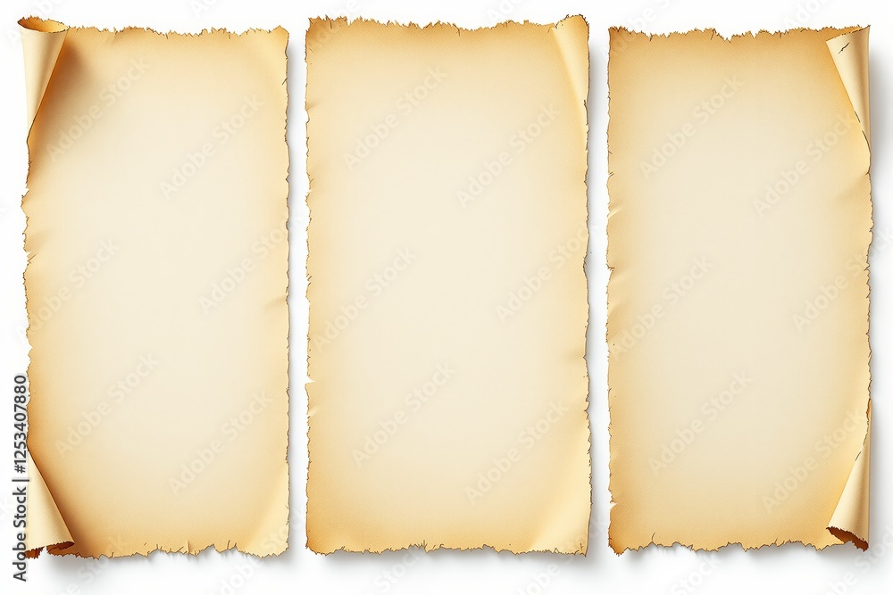 Poster aged torn parchment paper sheets with curled edges.