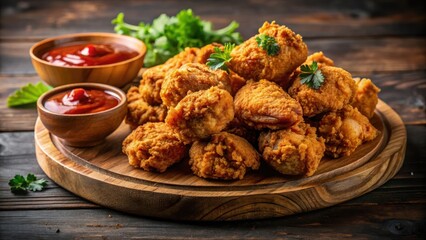 Golden-Brown Fried Chicken Bites Served on Rustic Wooden Board with Two Bowls of Tangy Red Sauce and Fresh Herbs