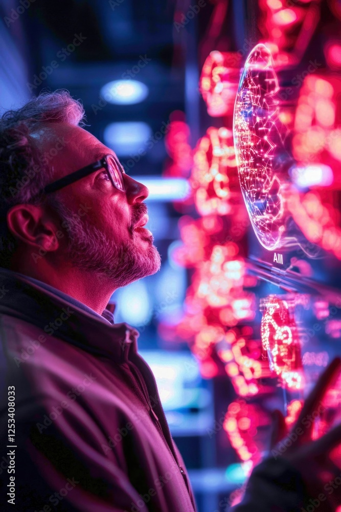 Poster man examines holographic brain data display